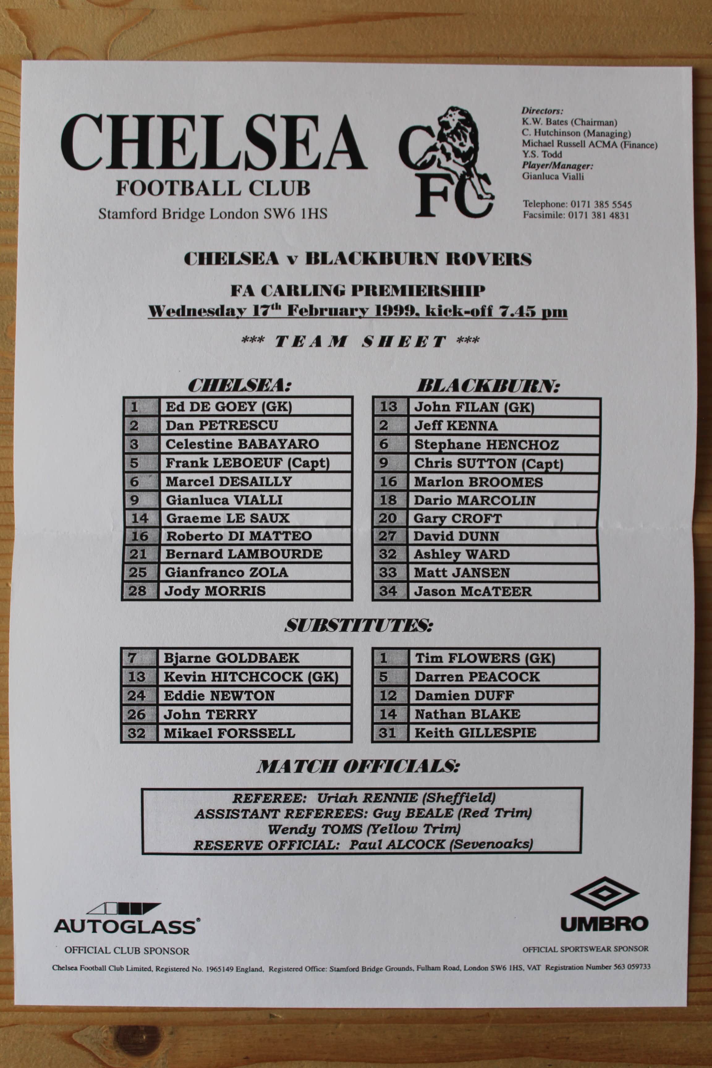 Chelsea FC v Blackburn Rovers FC